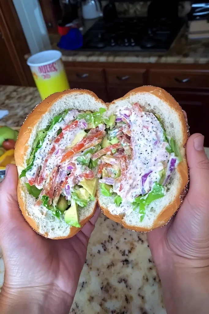 California BLT chopped bagel halves stacked and cut open, filled with bacon, avocado, lettuce, and tomato on a wooden board.