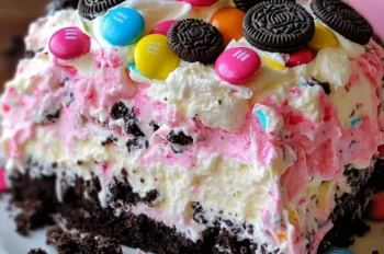 Layer of crushed Oreo cookies for Easter Dirt Cake Casserole in a glass dish