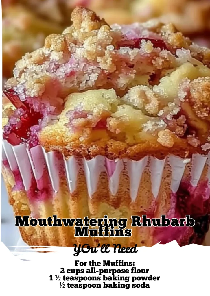 Close-up of a golden-brown rhubarb muffin topped with a crumbly streusel, showing vibrant red rhubarb pieces and a moist, fluffy interior inside a white paper liner.