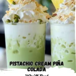 Iced Pistachio Cream Piña Colada topped with whipped cream, chopped pistachios, toasted coconut, and fresh pineapple wedges, served in a tall glass with a creamy green and white layered look