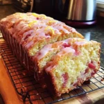 A full loaf of Lemon Rhubarb Loaf on a wooden cutting board with a shiny lemon glaze dripping down the sides.