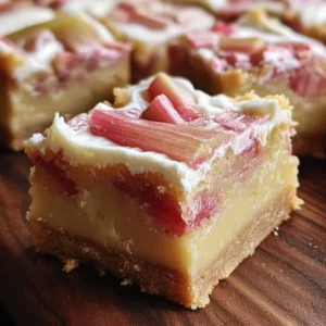 Close-up of rhubarb custard bars with a golden crust and creamy filling, dusted with powdered sugar