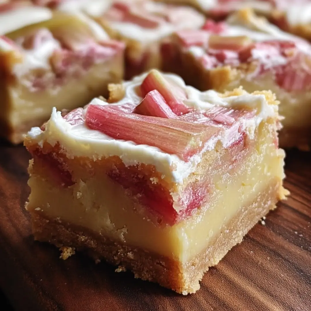 Close-up of rhubarb custard bars with a golden crust and creamy filling, dusted with powdered sugar