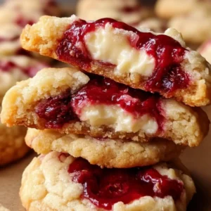 A stack of raspberry cheesecake cookies with golden brown, soft-baked exteriors and visible gooey raspberry jam and creamy cheesecake filling oozing from the center of each cookie.
