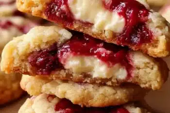 A stack of raspberry cheesecake cookies with golden brown, soft-baked exteriors and visible gooey raspberry jam and creamy cheesecake filling oozing from the center of each cookie.
