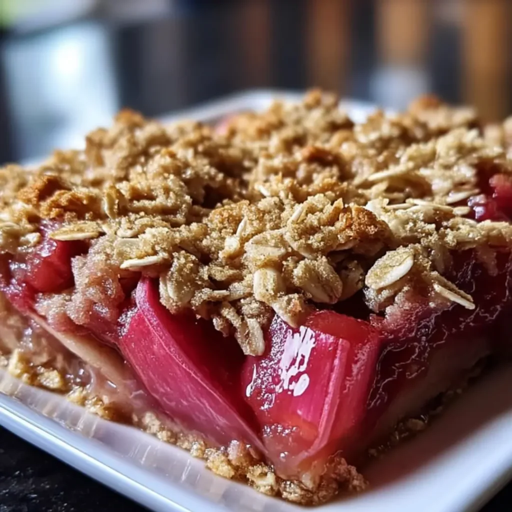 A square serving of baked rhubarb dessert with a crispy brown sugar oat topping