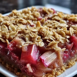 Close-up of a slice of rhubarb crunch topped with a golden oat crumble on a white plate.