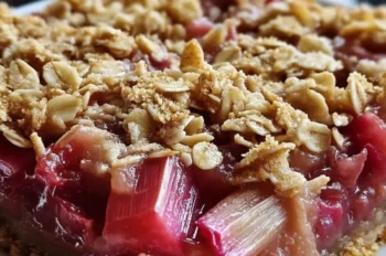 Close-up of a slice of rhubarb crunch topped with a golden oat crumble on a white plate.