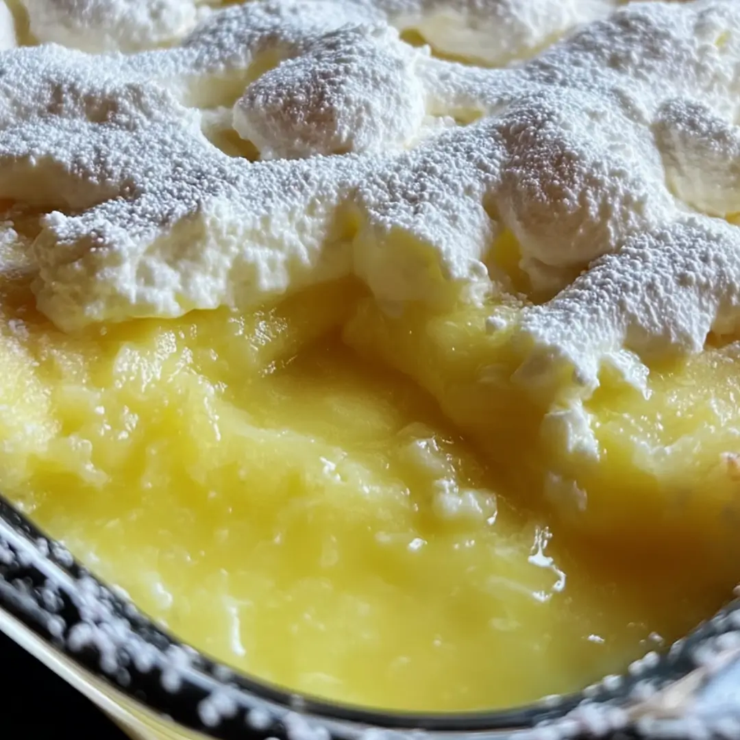 Baked lemon dump cake cooling on a wire rack, lightly dusted with powdered sugar for a sweet finish.
