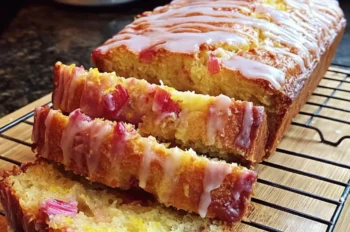 Golden brown Lemon Rhubarb Loaf with lemon glaze dripping over the top on a wooden board