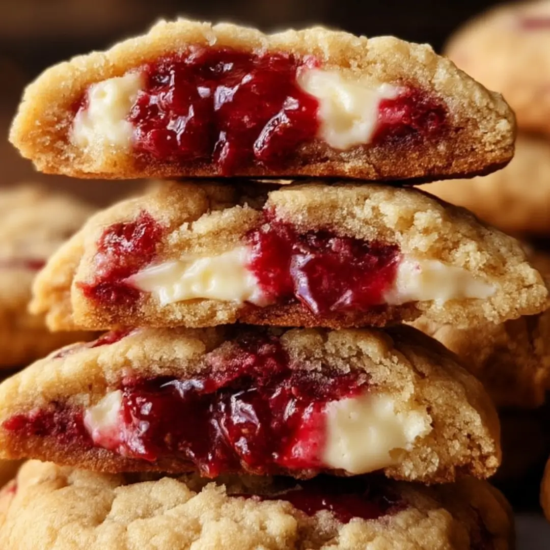 A stack of raspberry cheesecake cookies with golden brown, soft-baked exteriors and visible gooey raspberry jam and creamy cheesecake filling oozing from the center of each cookie.