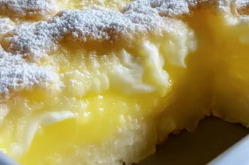 Golden brown lemon cream cheese dump cake freshly baked in a 9x13-inch pan, with bubbly edges and a slightly crisp top.