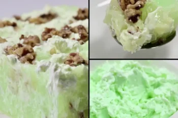 Grandma’s lime green Jello salad with cottage cheese, pineapple, and walnuts, served in a vintage glass dish