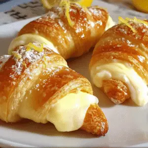 Freshly baked golden crescent rolls filled with creamy lemon cream cheese, arranged on a white plate with lemon slices and a sprinkle of powdered sugar, creating a bright and inviting breakfast or dessert treat