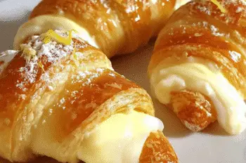 Freshly baked golden crescent rolls filled with creamy lemon cream cheese, arranged on a white plate with lemon slices and a sprinkle of powdered sugar, creating a bright and inviting breakfast or dessert treat