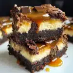 Irresistible triple-layer brownies with creamy cheesecake and caramel drizzle.