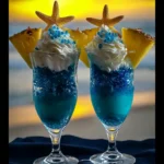 A tall glass of Starry Ocean Bliss mocktail with ocean-blue and coconut cream layers, topped with whipped cream, blue sugar pearls, a pineapple wedge, and an edible starfish candy, set against a tropical beach sunset backdrop