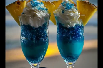 A tall glass of Starry Ocean Bliss mocktail with ocean-blue and coconut cream layers, topped with whipped cream, blue sugar pearls, a pineapple wedge, and an edible starfish candy, set against a tropical beach sunset backdrop