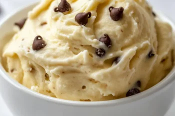 A bowl of creamy Greek yogurt cookie dough with mini chocolate chips, served in a white dish on a marble surface.