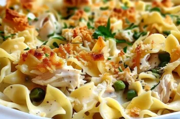 Homemade baked chicken noodle casserole with egg noodles, shredded chicken, and peas