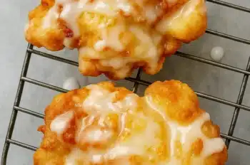 Close-up of two golden brown fresh peach fritters drizzled with vanilla glaze on a wire cooling rack.