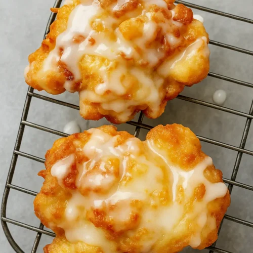 Close-up of two golden brown fresh peach fritters drizzled with vanilla glaze on a wire cooling rack.