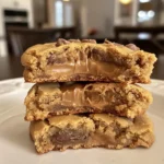 Close-up of a stack of thick Reese’s peanut butter cookies with a gooey peanut butter cup center, sitting on a white plate in a warmly lit kitchen.