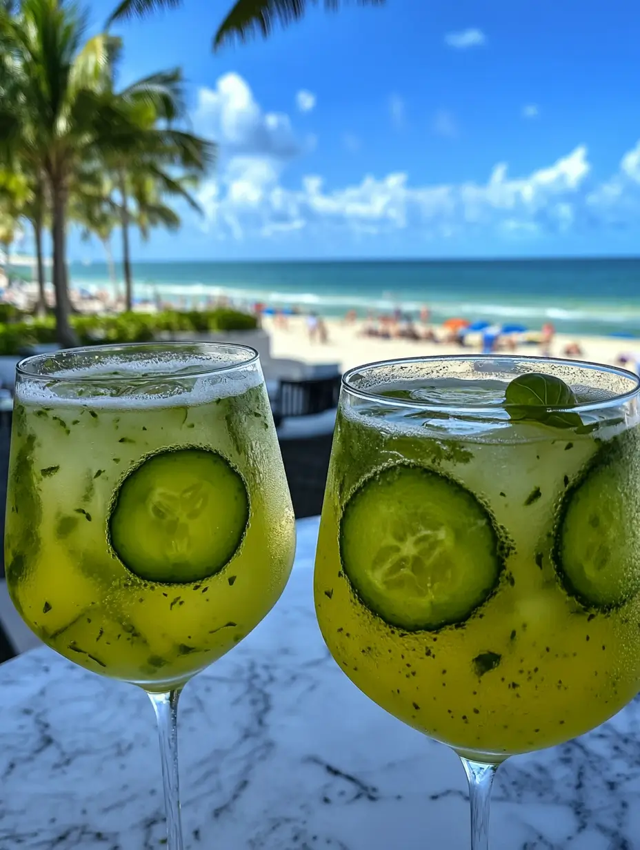 Fresh cucumber basil drinks in clear glasses, garnished with basil leaves and cucumber slices, set against a sunny ocean view—refreshing non-alcoholic summer beverage.