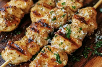 Grilled garlic parmesan chicken skewers on a wooden board, garnished with chopped parsley and grated parmesan, served with lemon wedges.