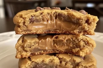 Close-up of a stack of thick Reese’s peanut butter cookies with a gooey peanut butter cup center, sitting on a white plate in a warmly lit kitchen.