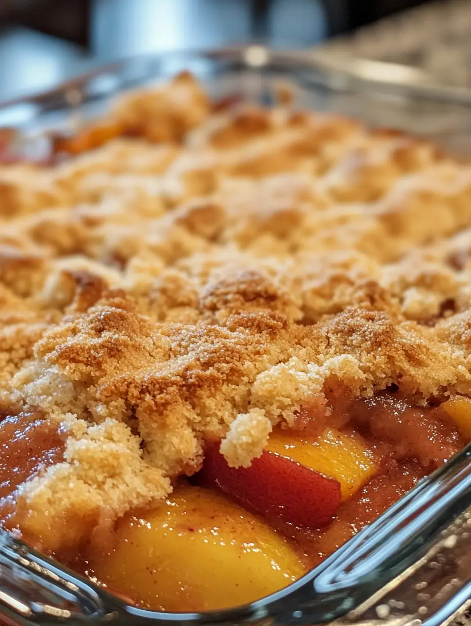 Close-up of a freshly baked Southern peach and rhubarb cobbler in a glass baking dish, with golden brown, crumbly topping and juicy peach slices peeking through.
