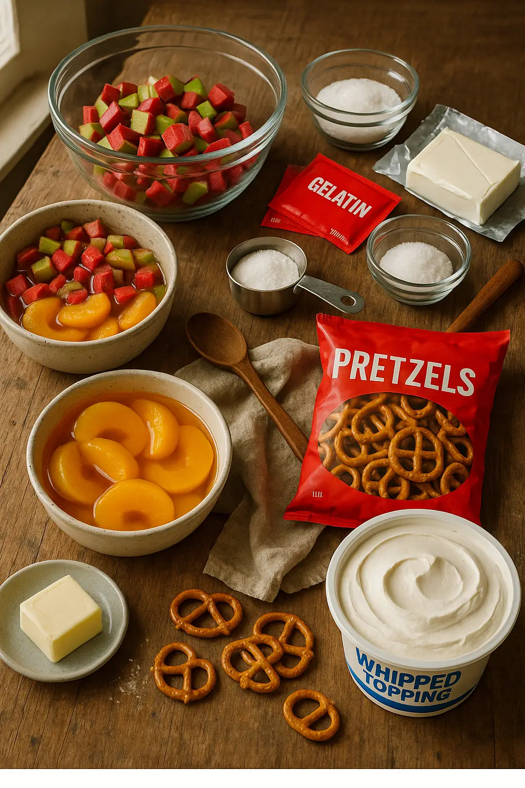 Flat lay of ingredients for rhubarb peach pretzel jello salad, including peaches, rhubarb, gelatin packets, pretzels, butter, whipped topping, and cream cheese on a wooden table.