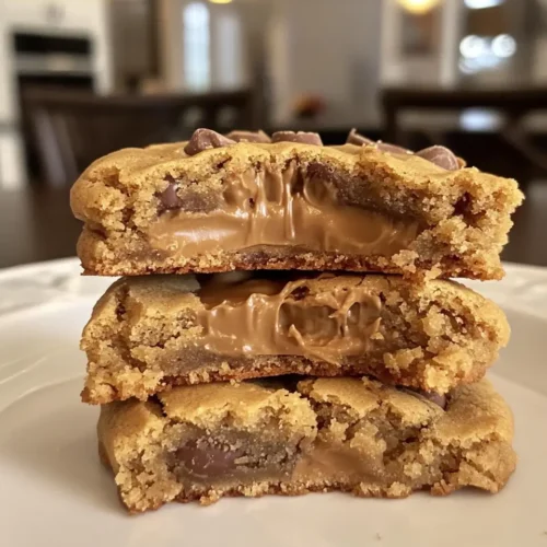 Close-up of a stack of thick Reese’s peanut butter cookies with a gooey peanut butter cup center, sitting on a white plate in a warmly lit kitchen.