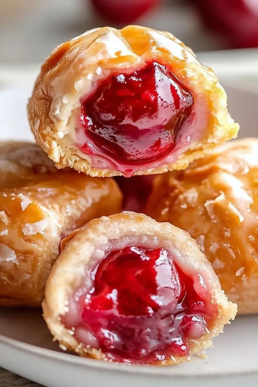 Close-up of a cherry pie bite cut in half, showing vibrant cherry filling inside a golden, flaky crust with a shiny glaze coating.