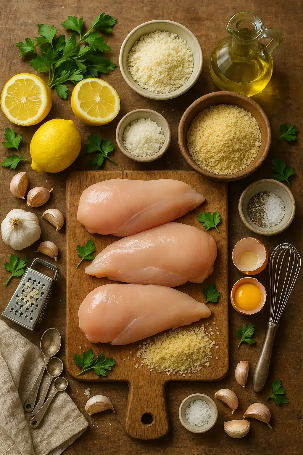 Fresh ingredients for lemon garlic chicken with Parmesan including raw chicken breasts, lemons, garlic, Parmesan cheese, olive oil, and herbs arranged on a wooden board