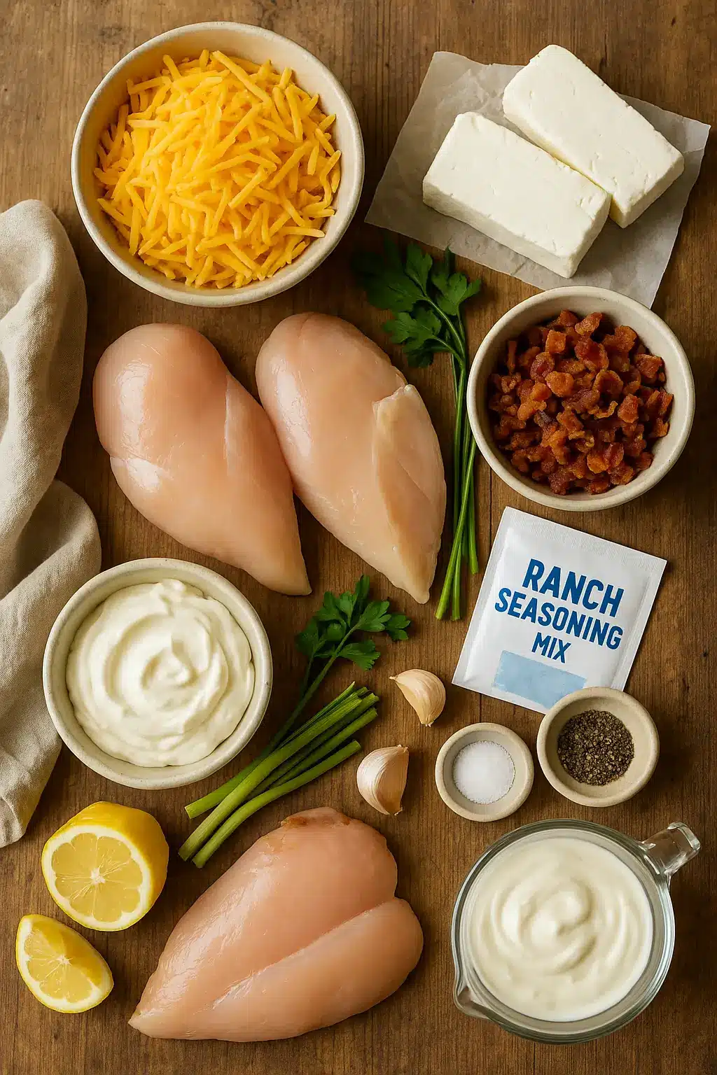 Ingredients for Crack Chicken Casserole including raw chicken breasts, shredded cheddar cheese, cream cheese, ranch seasoning mix, bacon bits, sour cream, garlic, lemon, and herbs