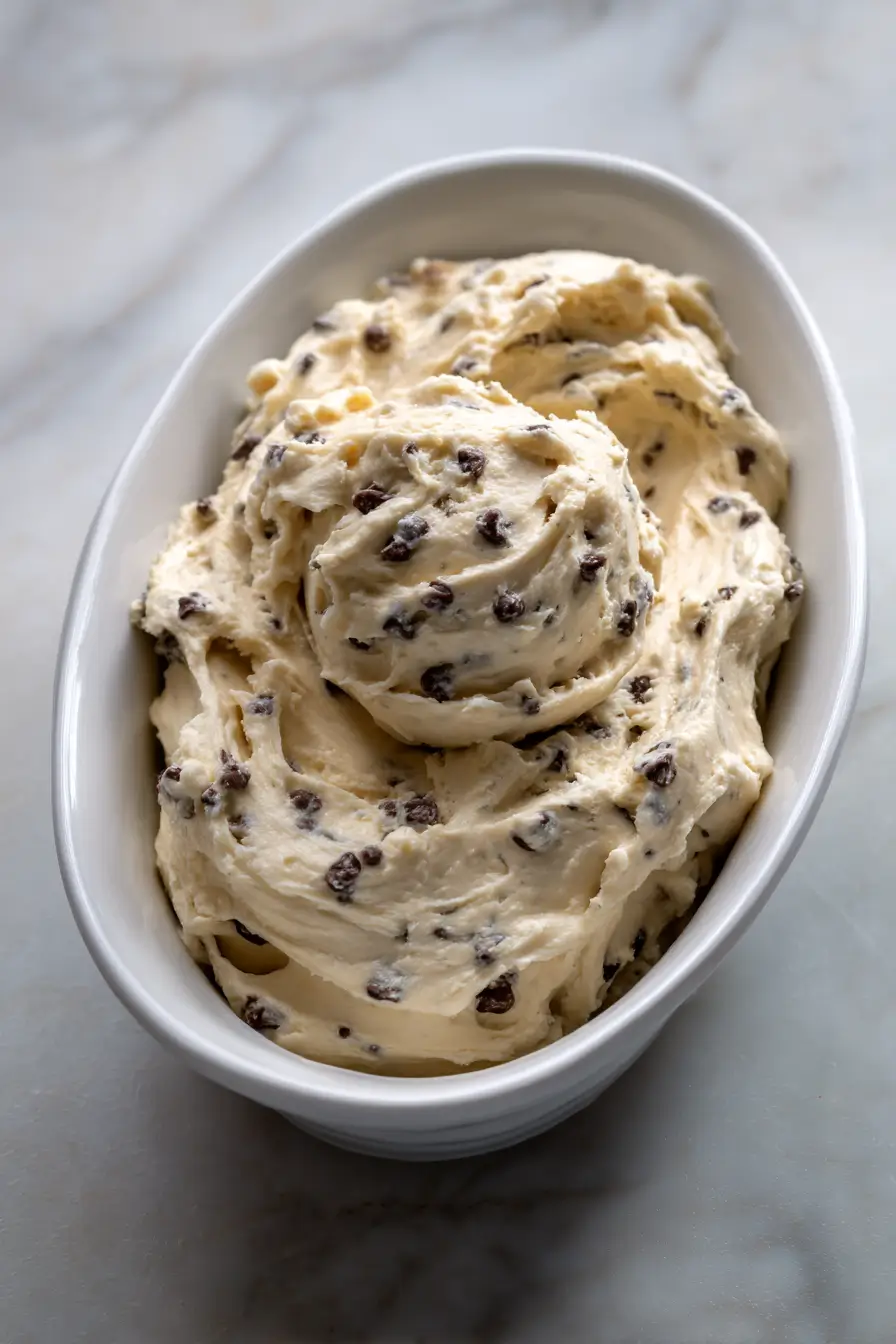 Close-up of a spoonful of edible Greek yogurt cookie dough with chocolate chips, showing thick and smooth texture.