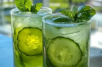 Two glasses of healthy cucumber basil refresher with cucumber slices and herbs, served over ice with a beach and palm trees in the background—perfect summer drink idea.