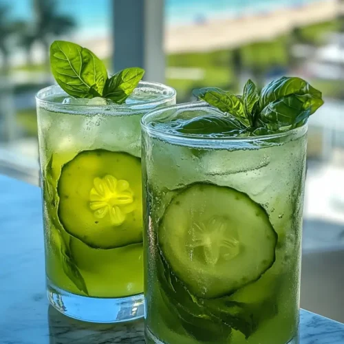 Two glasses of healthy cucumber basil refresher with cucumber slices and herbs, served over ice with a beach and palm trees in the background—perfect summer drink idea.