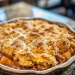 A full view of Southern peach cobbler with rhubarb in a round ceramic pie dish, featuring a golden, biscuit-style topping and bubbling fruit filling beneath.