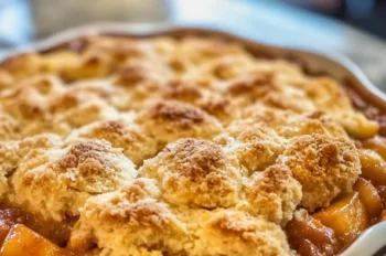 A full view of Southern peach cobbler with rhubarb in a round ceramic pie dish, featuring a golden, biscuit-style topping and bubbling fruit filling beneath.