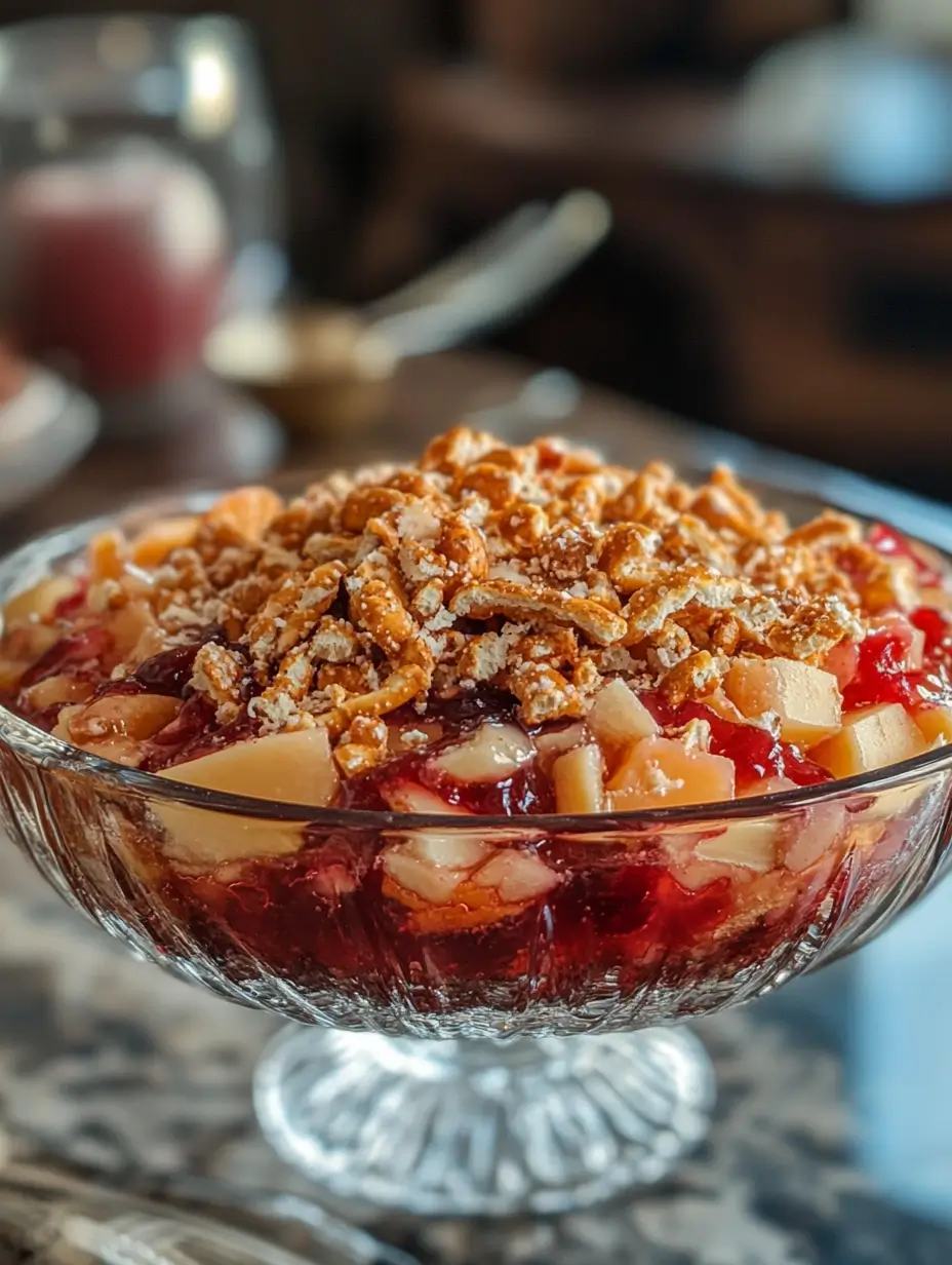 Glass bowl filled with rhubarb peach pretzel jello salad featuring visible layers of fruit, gelatin, and crushed pretzel topping.