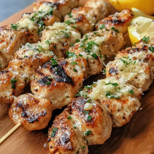 Juicy garlic parmesan chicken skewers freshly grilled, topped with melted parmesan and herbs, presented with lemon halves on a wooden serving board.