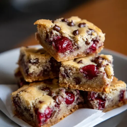 A close-up view of stacked chocolate chip cherry bars on a white plate, showcasing their golden edges, gooey cherry centers, and scattered chocolate chips.
