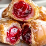 Stacked cherry pie bites showcasing juicy, glossy cherry filling inside crisp, golden pastry, all coated in a sweet glaze.