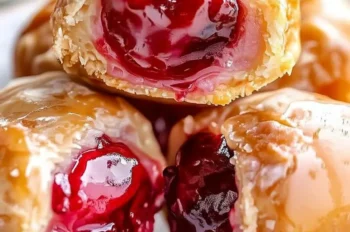 Stacked cherry pie bites showcasing juicy, glossy cherry filling inside crisp, golden pastry, all coated in a sweet glaze.