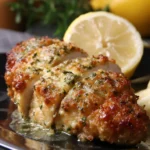 Juicy sliced lemon garlic chicken with a golden Parmesan crust served with lemon slices on a black plate