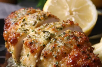 Juicy sliced lemon garlic chicken with a golden Parmesan crust served with lemon slices on a black plate