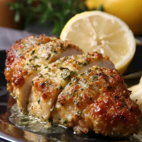 Juicy sliced lemon garlic chicken with a golden Parmesan crust served with lemon slices on a black plate