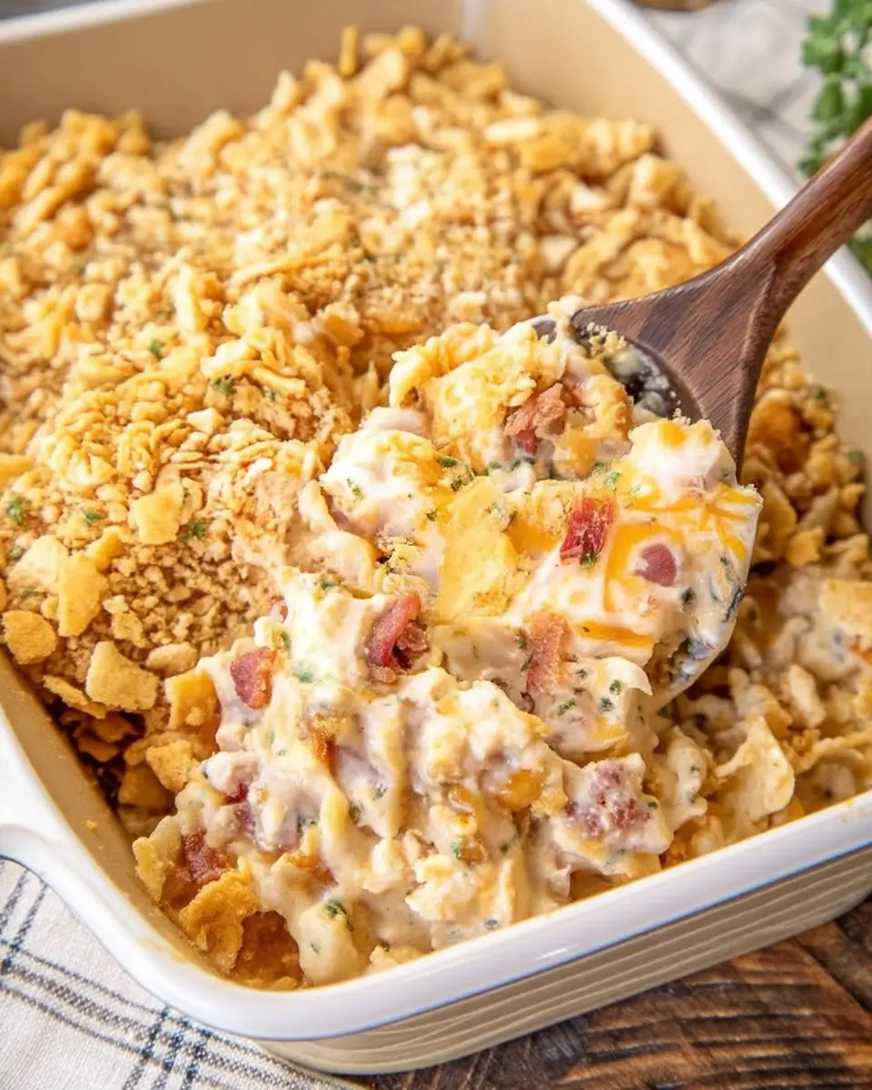 Close-up of creamy Crack Chicken Casserole served from a baking dish with crispy Ritz cracker topping and melted cheese